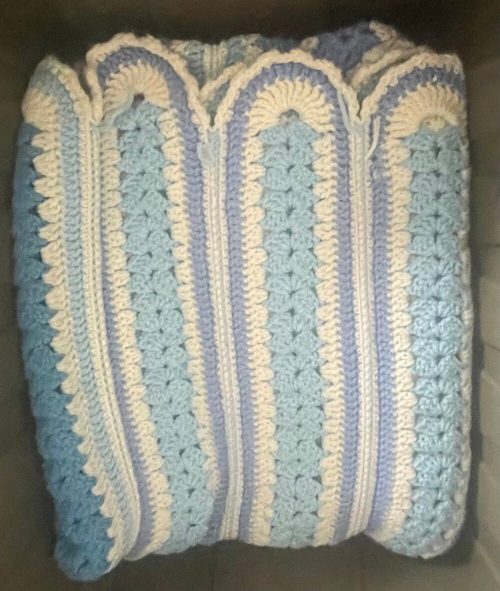 Handmade Crochet Afghan in Shades of Blue with White, 60 x 80" (queen size), A75
